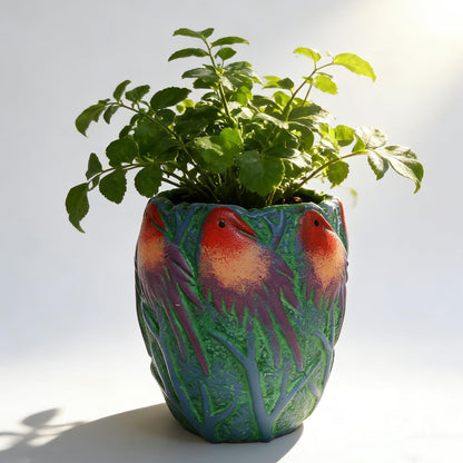 qumHmup 6.5 inch Green Ceramic Flower Pot with Bird Patterns,Indoor Outdoor Planter for Succulents Plants, Modern Home Garden Decor