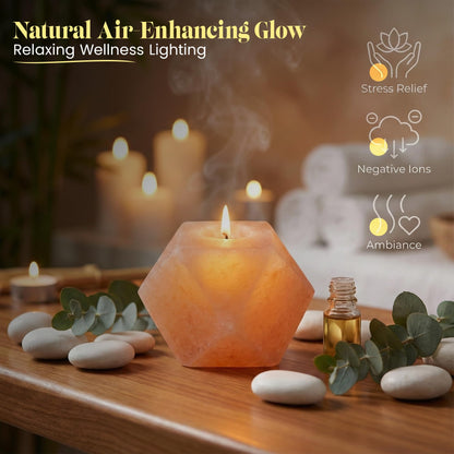 Himalayan Natural Salt Candle Holder – Premium Diamond Design, Hand-Carved Crystal, Includes 6 Tea Light Candles, Nice Glow for Home Décor, Meditation, Spa & Gifts