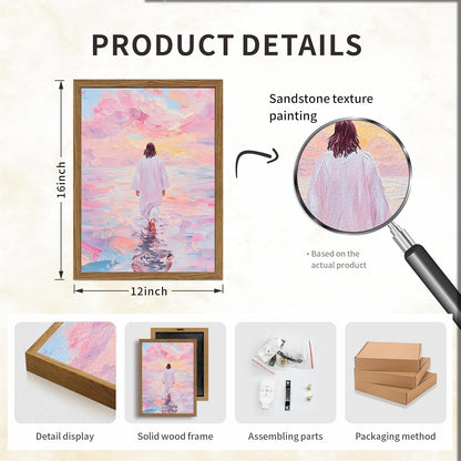 Pink Jesus Walking On Water Wall Art, Frame 3D Textured Hand Drawn Sandstone Christian Wall Decor Paintings Religious Savior Pictures for Living Prayer Room Bedroom, 12x16 in Wood Framed
