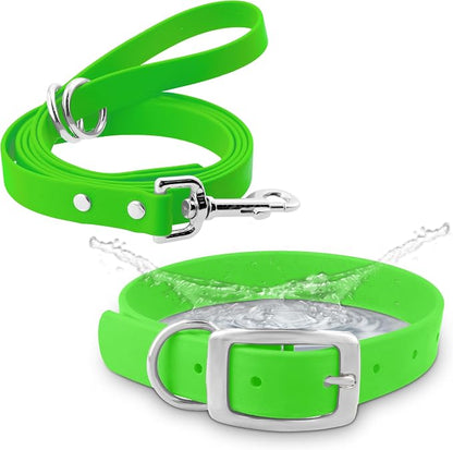 Regal Dog Products Large Light Green Waterproof Dog Collar and Leash Set | Heavy Duty Double Buckle & D Ring - 5'ft Leash | Adjustable Biothane Dog Collar | Chew Resistant Waterproof Collar for Dogs