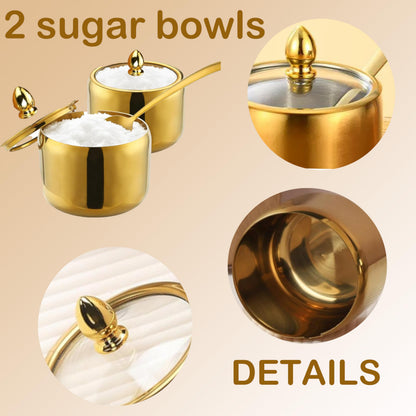 10oz Sugar Bowl 2-Pack with Lid|Gold coffee bar sugar container, includes 2 stainless steel canisters with clear lids. This Suitable for kitchen countertop, seasoning storage, and stylish home decor.