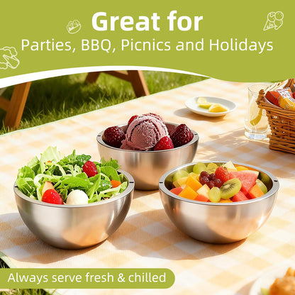 GEMREETA 304 Stainless Steel Dip Chiller Bowl – Double-Walled Insulated Serving Bowl for Salsa, Guacamole, Sauces, Salad & Condiments – Keeps Food Hot or Cold for Parties & Buffets (1, 70 oz)