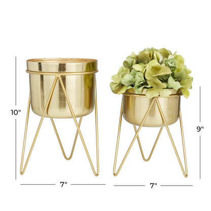 CosmoLiving by Cosmopolitan Metal Indoor Outdoor Planter Small Planter Pot with Removable Stand, Set of 2 Planters 7", 7"W, Gold