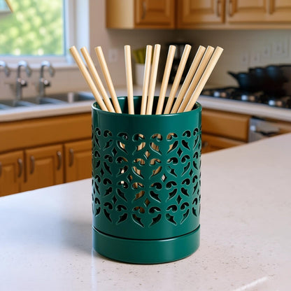 Toyosport Hollow Ceramic Decorative Pot, Green Floral Design, 5.5 x 4.1 in/14 x 10.5 cm, Multi-Purpose, Chopsticks Cage, Pen Holder, Indoor Outdoor Flower Pots