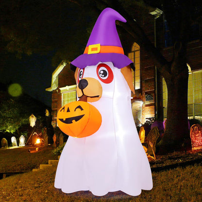 GOOSH 6.2 FT Halloween Inflatables Dog Outdoor Decorations Blow Up Yard Cute Puppy Ghost with Pumpkin with Built-in LEDs for Indoor Party Garden Lawn Holiday Decor