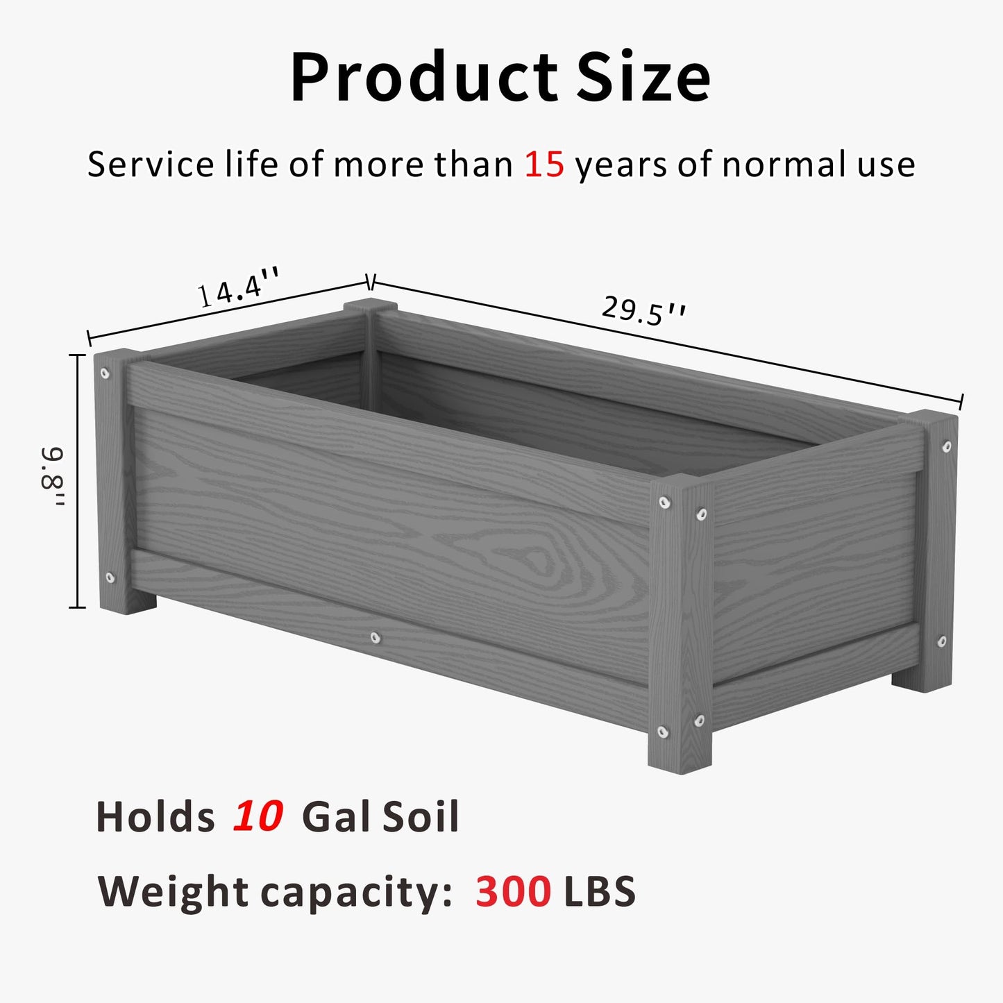 KETOYARK HDPE Raised Planter Box Outdoor,Rot-Resistant and Non-Cracking,Small Raised Beds for Gardening 29.5 * 14.4 * 9.8 in for Yard,Lawn,Outdoor Planter Boxes Rectangle with Drainage Holes Gray