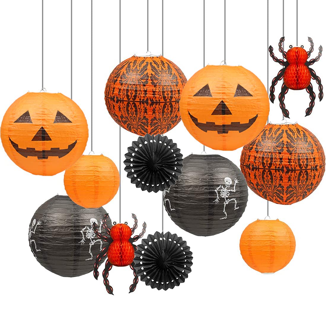 UNIQOOO 12Pcs Halloween Hanging Decorations Paper Lanterns, Jack-O'-Lantern Spider Skeleton Pumpkin for Indoor & Outdoor Spooky Home Decor, Party Supplies Props, 12" & 8" (Orange, Black)