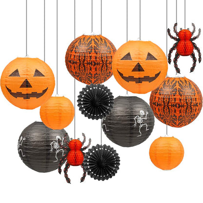 UNIQOOO 12Pcs Halloween Hanging Decorations Paper Lanterns, Jack-O'-Lantern Spider Skeleton Pumpkin for Indoor & Outdoor Spooky Home Decor, Party Supplies Props, 12" & 8" (Orange, Black)