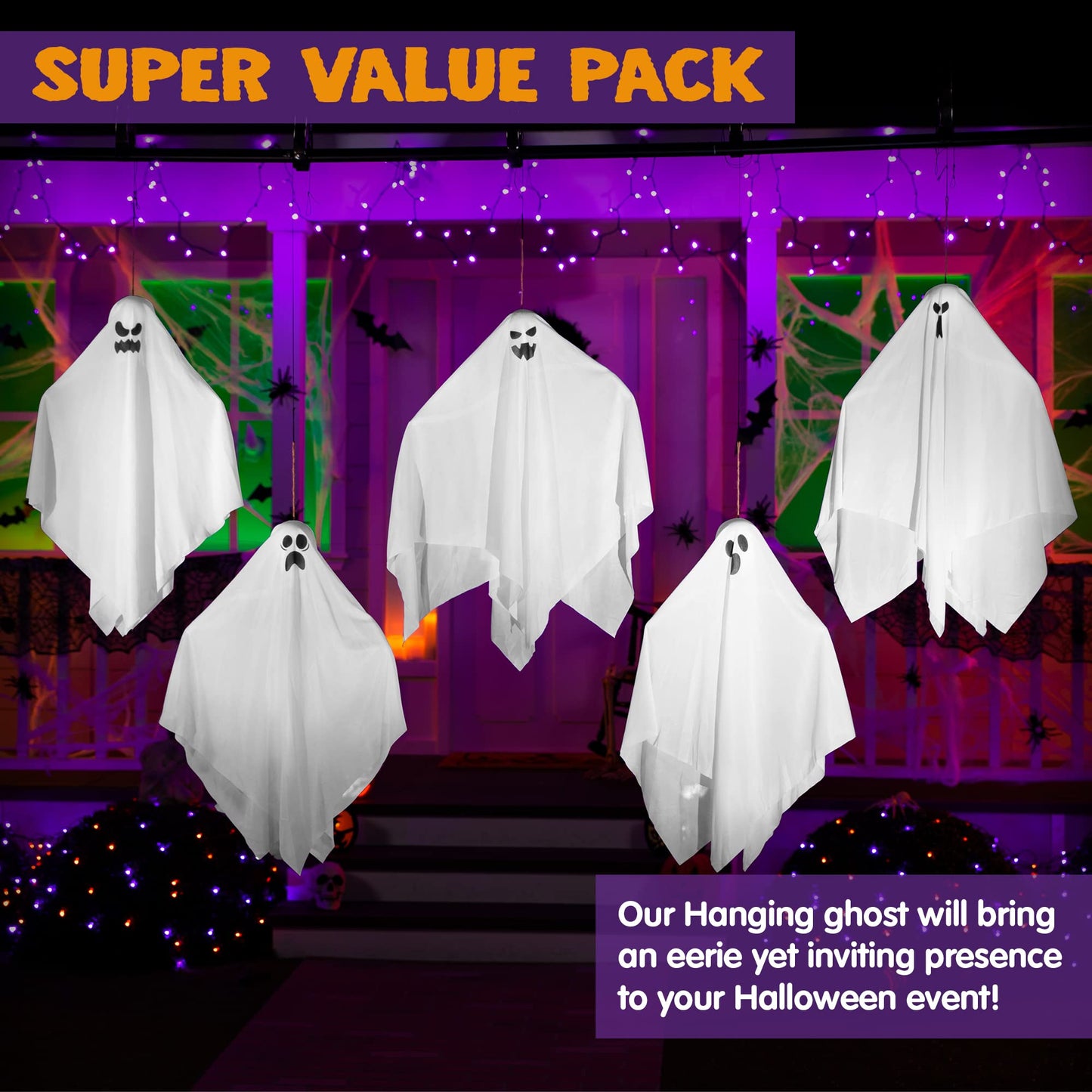 JOYIN 27.5" Halloween Hanging Ghosts Outdoor Decoration(5 Pack), Cute Flying Ghosts for Halloween Front Yard Patio Lawn Garden Party Décor and Holiday Hanging Decorations
