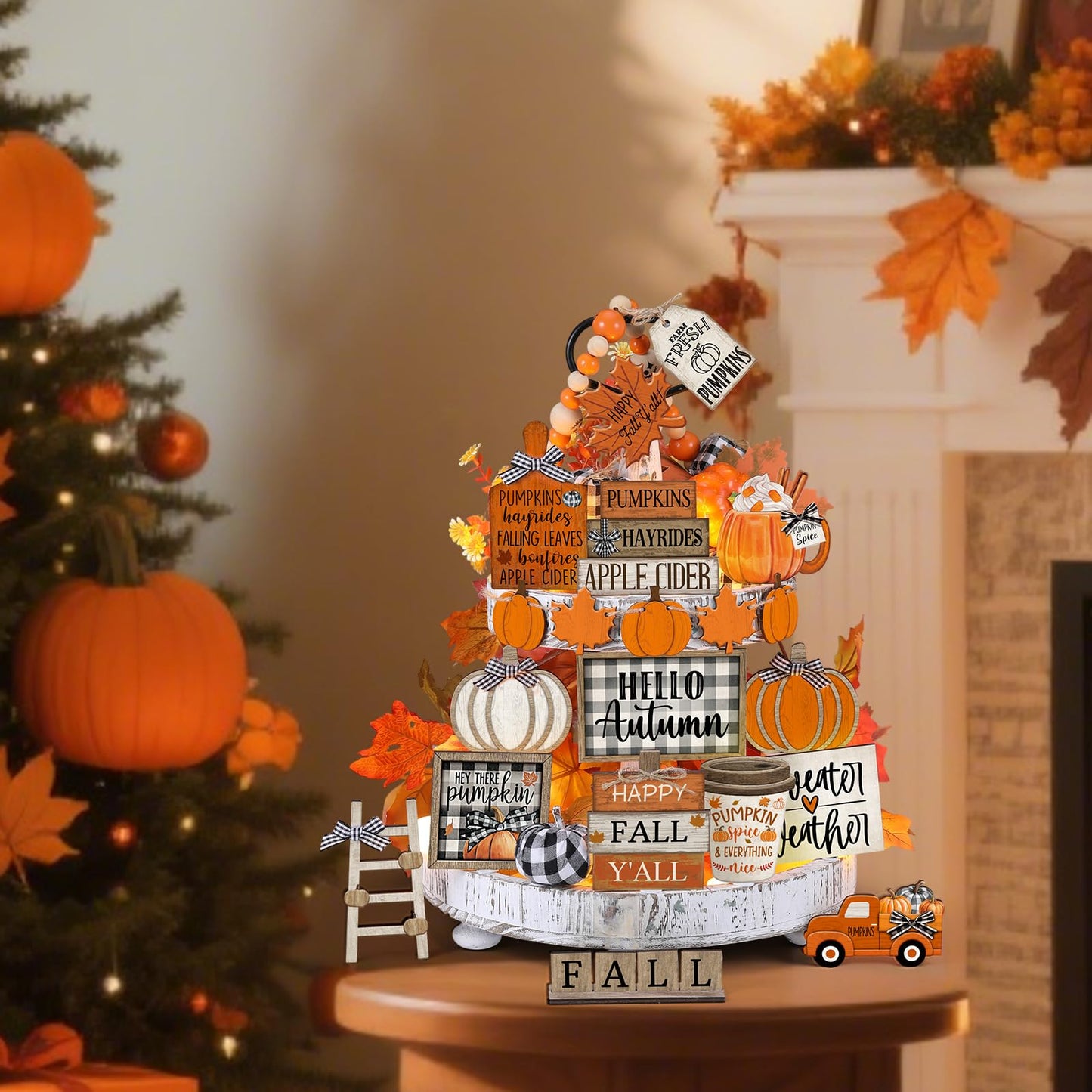 DoubleFill 21 Pcs Fall Thanksgiving Tiered Tray Decoration Set Thanksgiving Table Sign Pumpkins Farmhouse Gnome Maple Leaves Centerpieces Harvest Wood Blocks Signs Fall Block Tabletop for Autumn