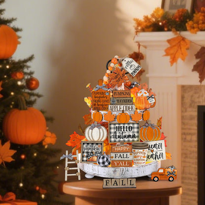 DoubleFill 21 Pcs Fall Thanksgiving Tiered Tray Decoration Set Thanksgiving Table Sign Pumpkins Farmhouse Gnome Maple Leaves Centerpieces Harvest Wood Blocks Signs Fall Block Tabletop for Autumn