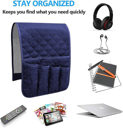 Armchair Caddy for Recliner, Couch Caddy Storage Organizer with 5 Pockets, Non Slip Sofa Arm Organizer for Remote Controls, Phone, Magazines, Tablet (Blue)