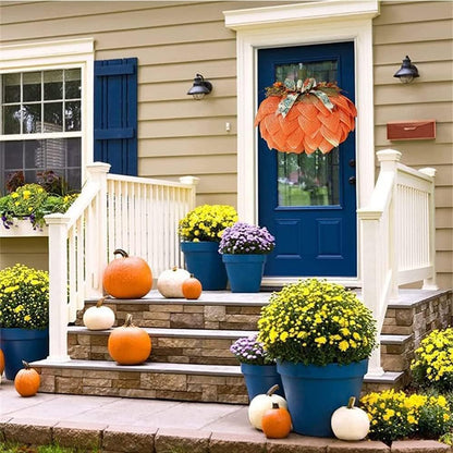 Farmhouse Pumpkin Wreath for Front Door, Autumn Wreath with Bows and Berries, Burlap Pumpkin Garland for Autumn Fall Halloween Thanksgiving Wall Decor
