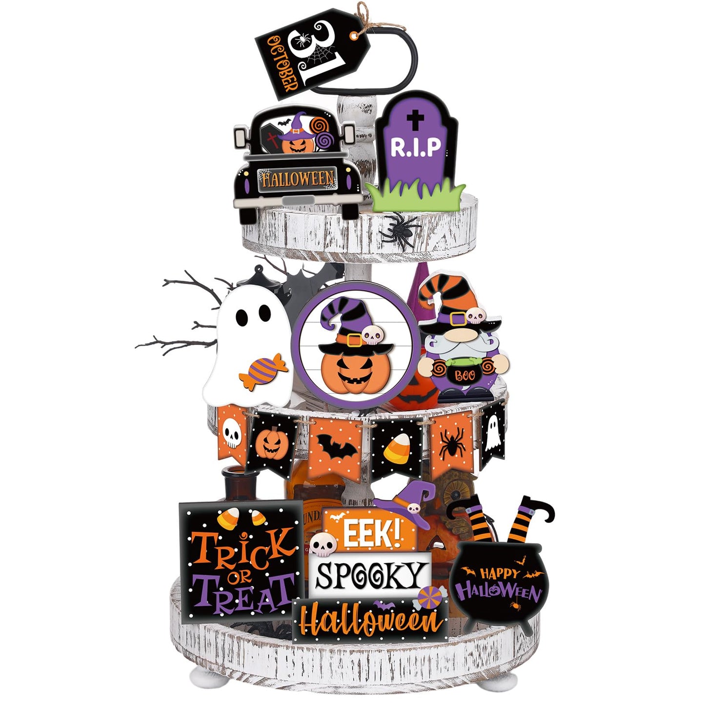 Umigy 15 Pcs Halloween Tiered Tray Decor Set Cute Ghost Tray Decorations Boo Halloween Wooden Signs Farmhouse Rustic Decoration for Home Table Party Supplies(Pumpkin)