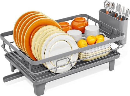 TOOLF Dish Drying Rack, Small Dish Racks for Kitchen Counter, Stainless Steel Sink Organization and Storage Essentials with Cutlery Holder, Dish Drainer, Home and Appartment Decor, Gray