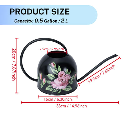 MOYEE Small Black Metal Long Spout Watering Can Outdoor Indoor Spray Bottle for Plants Hand Drawn Patterns,1/2 Gallon Plant Mister Durable Metal Structure Lawn Garden Watering Equipment