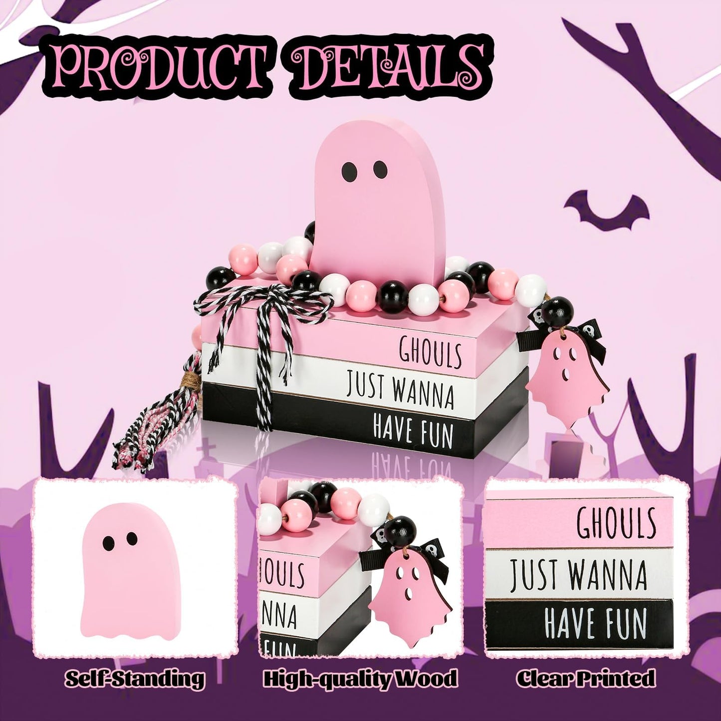 Pink Halloween Decorations 5PCS Table Centerpieces, Cute Girlie Tabletop Halloween Decor for Tiered Tray Shelf Mantel Fire Place Office Desk Rustic Farmhouse Wood Faux Book Stack and Ghosts Sign