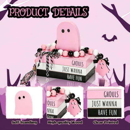 Pink Halloween Decorations 5PCS Table Centerpieces, Cute Girlie Tabletop Halloween Decor for Tiered Tray Shelf Mantel Fire Place Office Desk Rustic Farmhouse Wood Faux Book Stack and Ghosts Sign