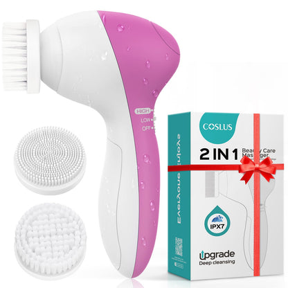 COSLUS Facial Cleansing Brush Silicone Face Scrubber: 2 in1 FBS-D Electric Exfoliating Massage Device Waterproof Deep Cleaning Exfoliation Rotating Spa Machine - Electronic Skin Care Wash Clean System