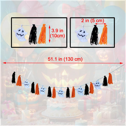 DELAQIKO Halloween Ghost Garland with Tassels | Cute Ghost Ornaments for Tree, Wall, Mantel or Table | Handmade Felt Garland | Fun Halloween Decor with a Spooky Vibe (Orange Halloween)