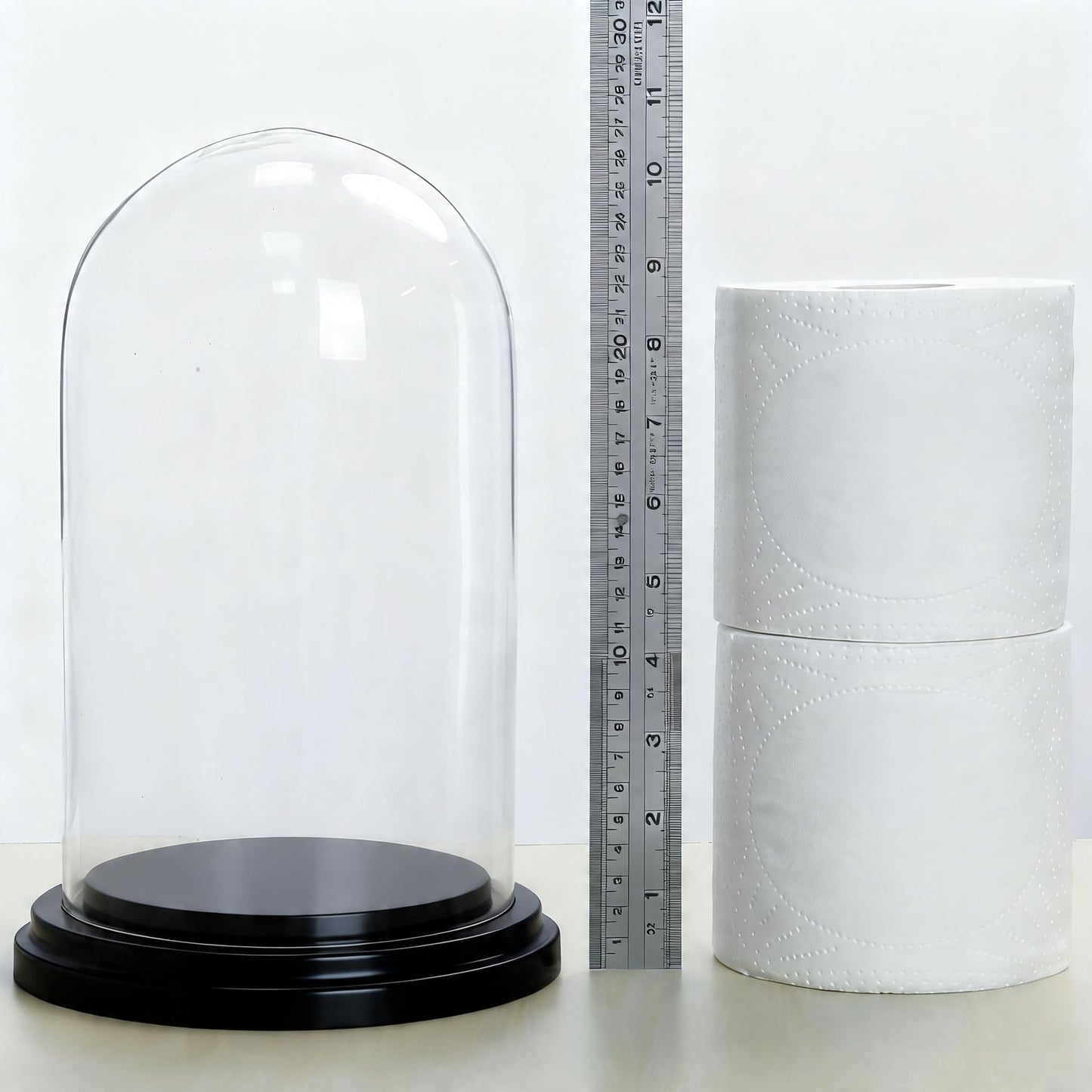 CYS EXCEL Glass Dome Cloche (H:9.25" D:5.5”) with Black Wood Base Decorative Showcase Display for Antique Collectible Bell Jar Terrarium Dessert Cover
