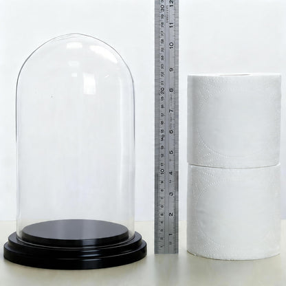 CYS EXCEL Glass Dome Cloche (H:9.25" D:5.5”) with Black Wood Base Decorative Showcase Display for Antique Collectible Bell Jar Terrarium Dessert Cover