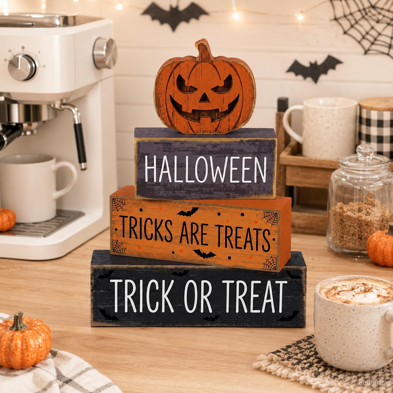 4 Pcs Halloween Decor, Trick or Treat Tiered Tray Decorations, Wooden Block Signs with Jack-O-Lantern, Tricks are Treats Farmhouse Rustic Table Centerpiece for Home Shelf Kitchen Coffee Bar