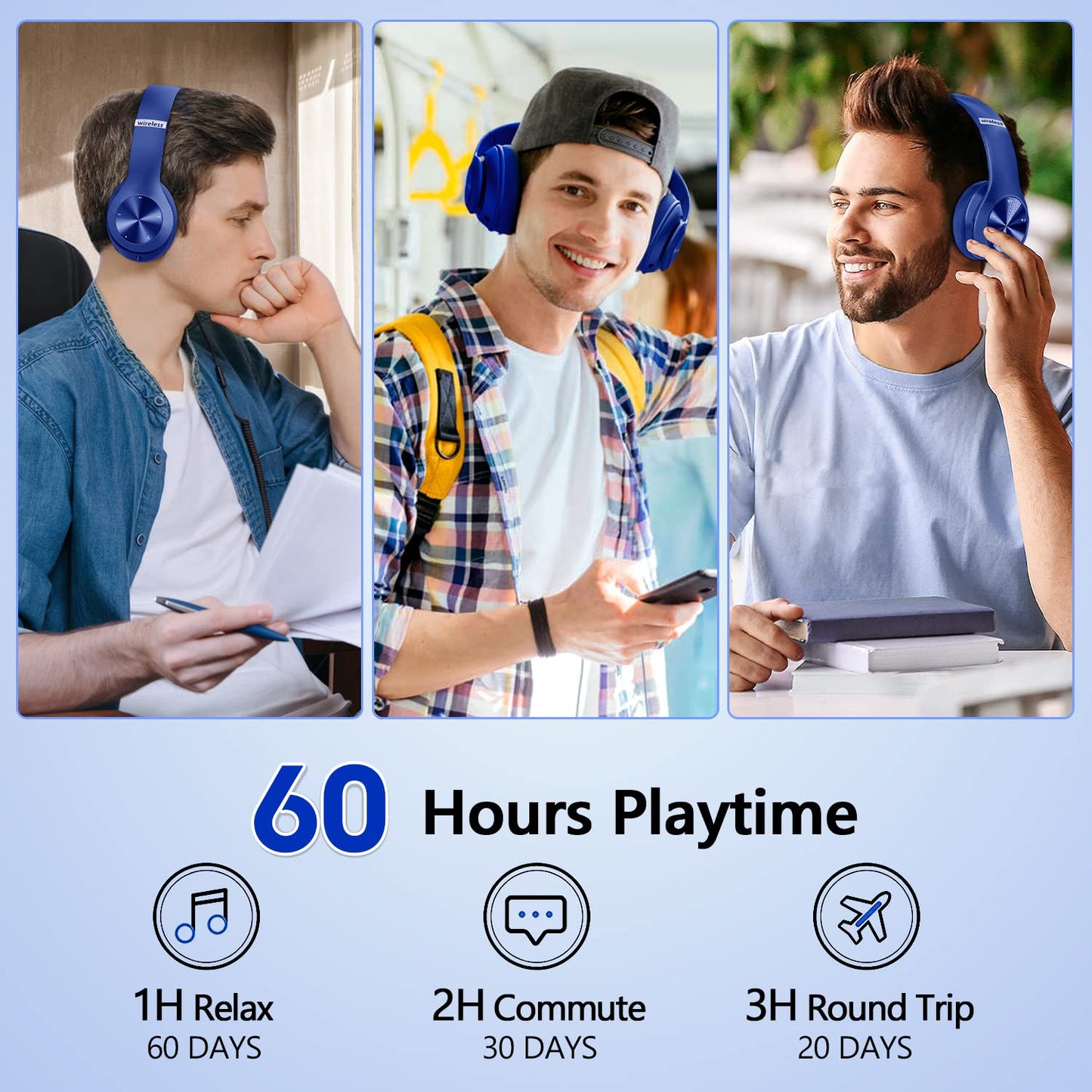 Tuitager 9S Wireless Over-Ear Bluetooth Headphones, 60 Hours Playtime, Hi-Fi Stereo, 6 EQ Modes, Built-in Microphone, Foldable Design, Blue