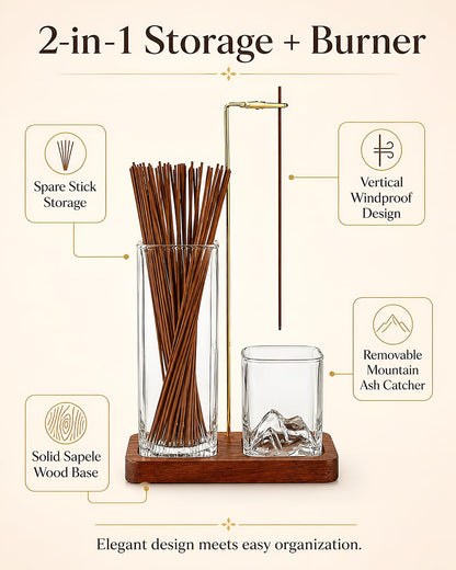 Incense Holder for Sticks, 2 in 1 Glass Incense Burner with Storage, Solid Sapele Wood Base, Removable Mountain Ash Catcher, Vertical Windproof Stand for Outdoor, Meditation (Dark Walnut)