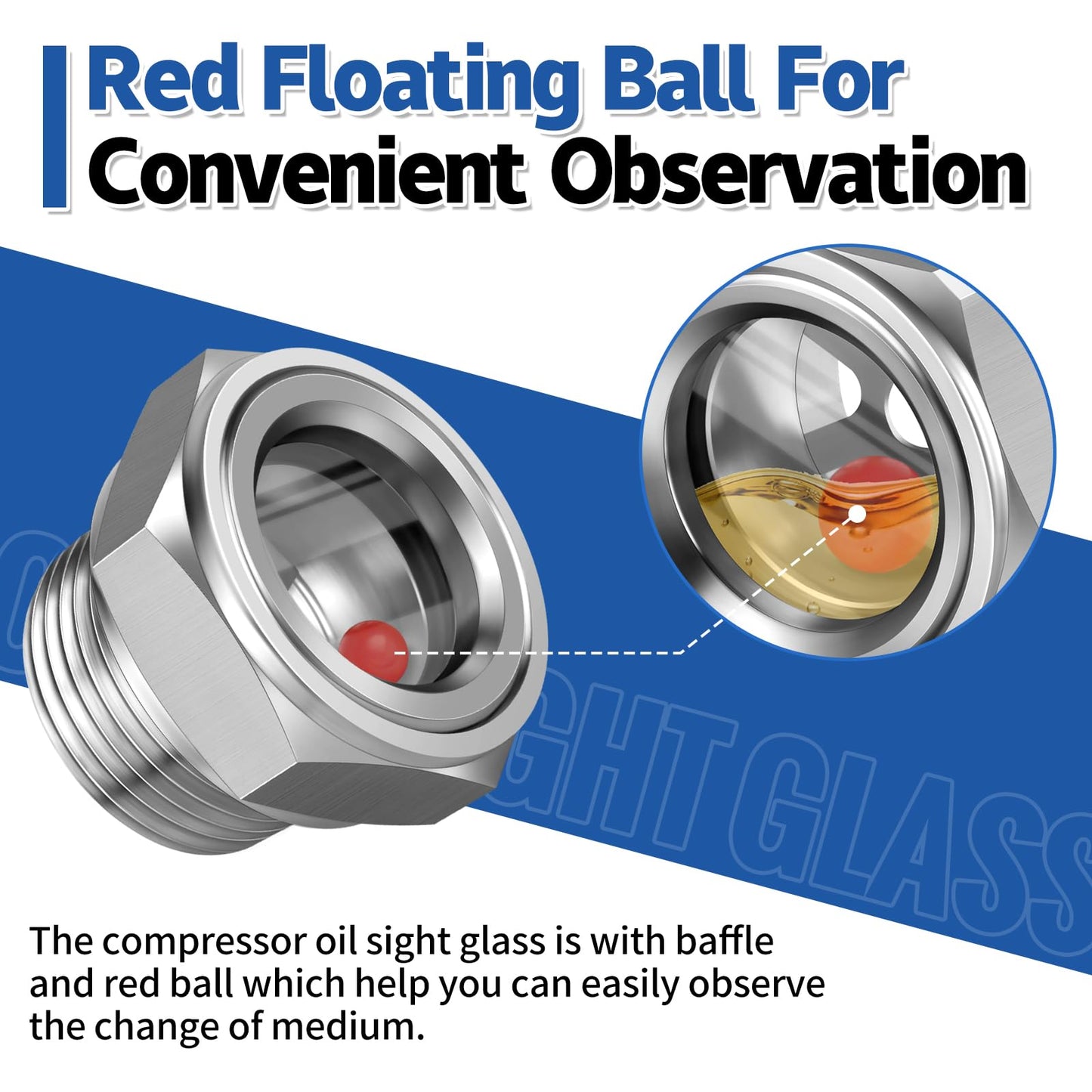 Boltigen 1-1/2'' NPT Male Hex Head Stainless Steel Oil Sight Glass, Liquid Level Gauge Oil Indicator Window for Air Compressor Gearbox Fittings Hydraulic Tank (1-1/2'' NPT Male)