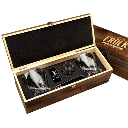 Whiskey Chillers Premium Gift Set By Frolk, Set of 6 Extra Large Stainless Steel Whiskey Stones, 2 Large Twisted Whiskey Glasses (11 oz), Freezer Base, Velvet Pouch & Tongs in Novelty Wooden Box