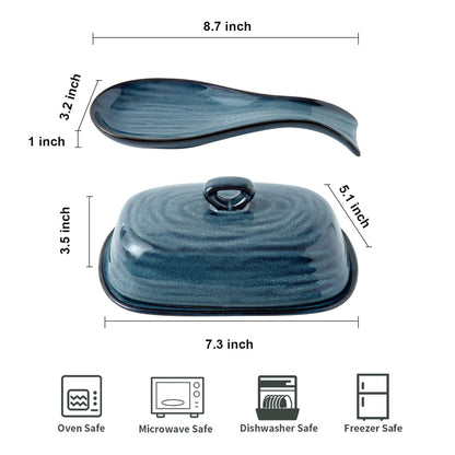 Hasense Butter Dish with Lid and Ceramic Spoon Rest Set for Countertop, 2 Pieces Navy Reactive Glaze Dinnerware Accessories Set Perfect for Home Decor, Kitchen Housewarming Gift, 8.7 Inch