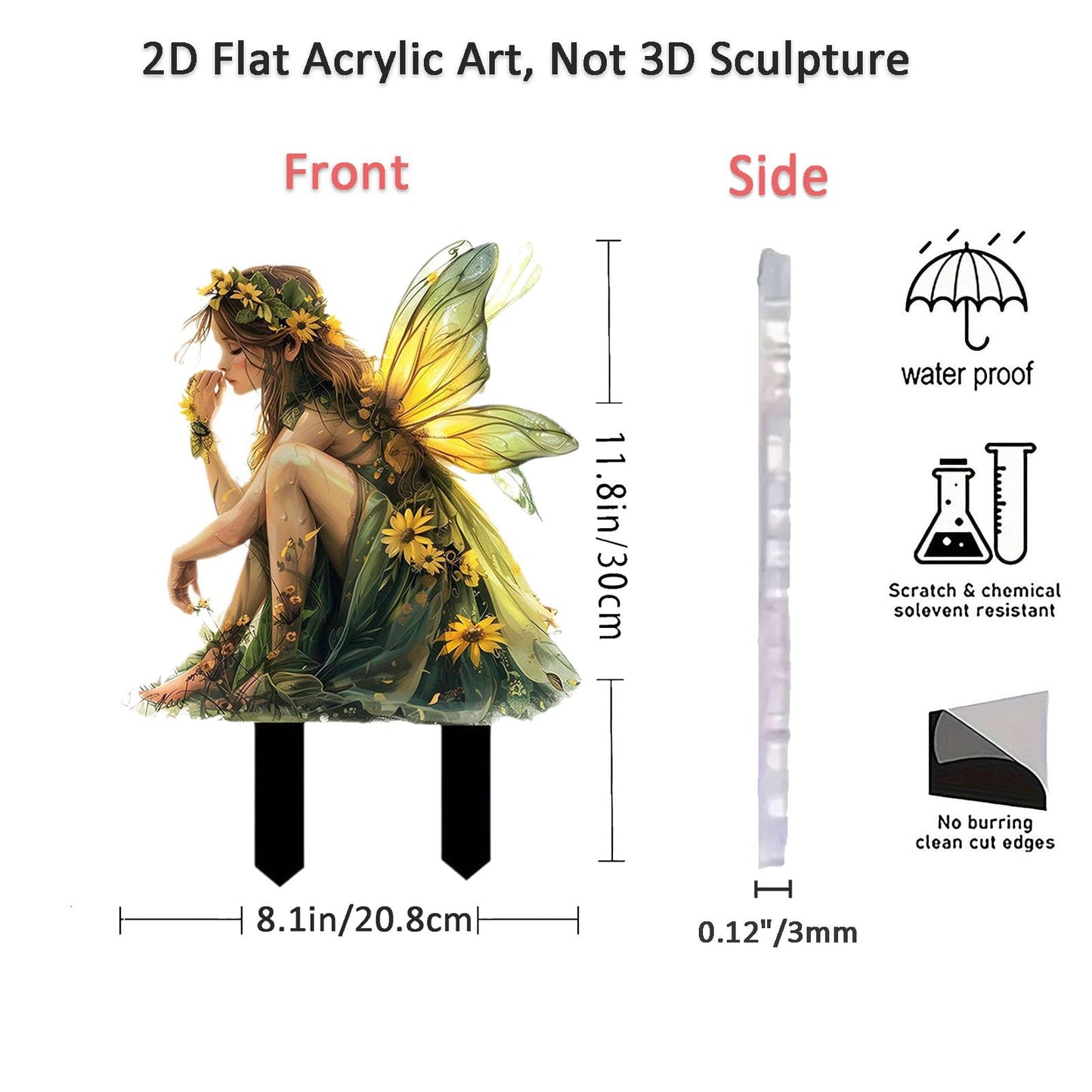 Fairy Garden Stake Decor, 2D Flat Acrylic Fairy Garden Decor Panel, Elf Yard Sign for Outdoor Indoor Yard Lawn Plants Pots, Fairy Yard Accessories (Green Fairy)