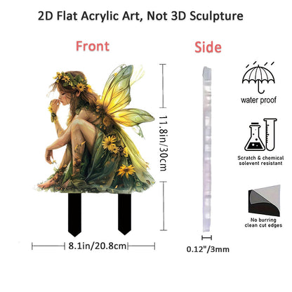 Fairy Garden Stake Decor, 2D Flat Acrylic Fairy Garden Decor Panel, Elf Yard Sign for Outdoor Indoor Yard Lawn Plants Pots, Fairy Yard Accessories (Green Fairy)