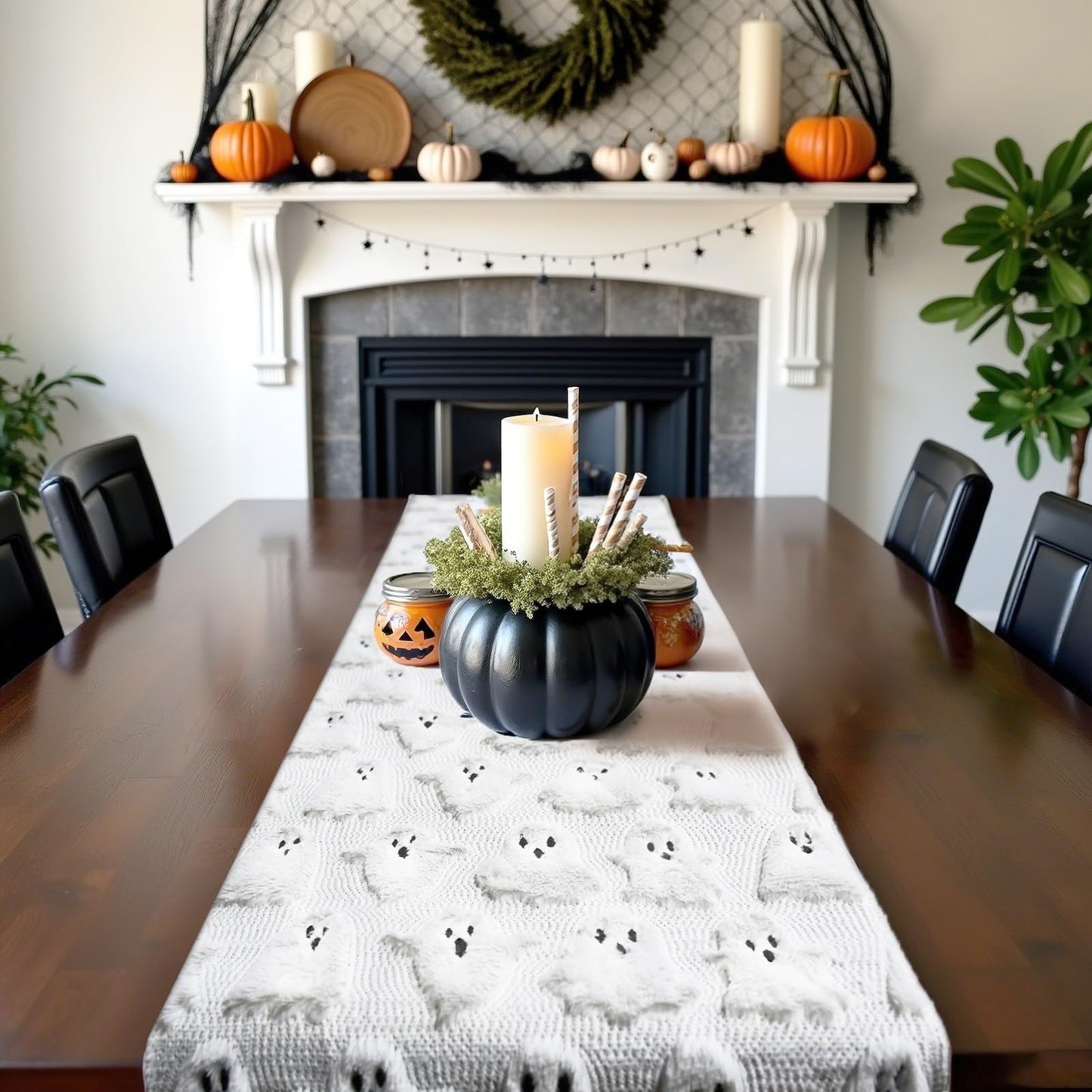 Halloween Table Runner 13x72 Inch Ghost Soft Plush Faux Fur Halloween Table Runner Hallowee Home Decor, Holiday Kitchen Dining Table Decoration for Home Party Decor