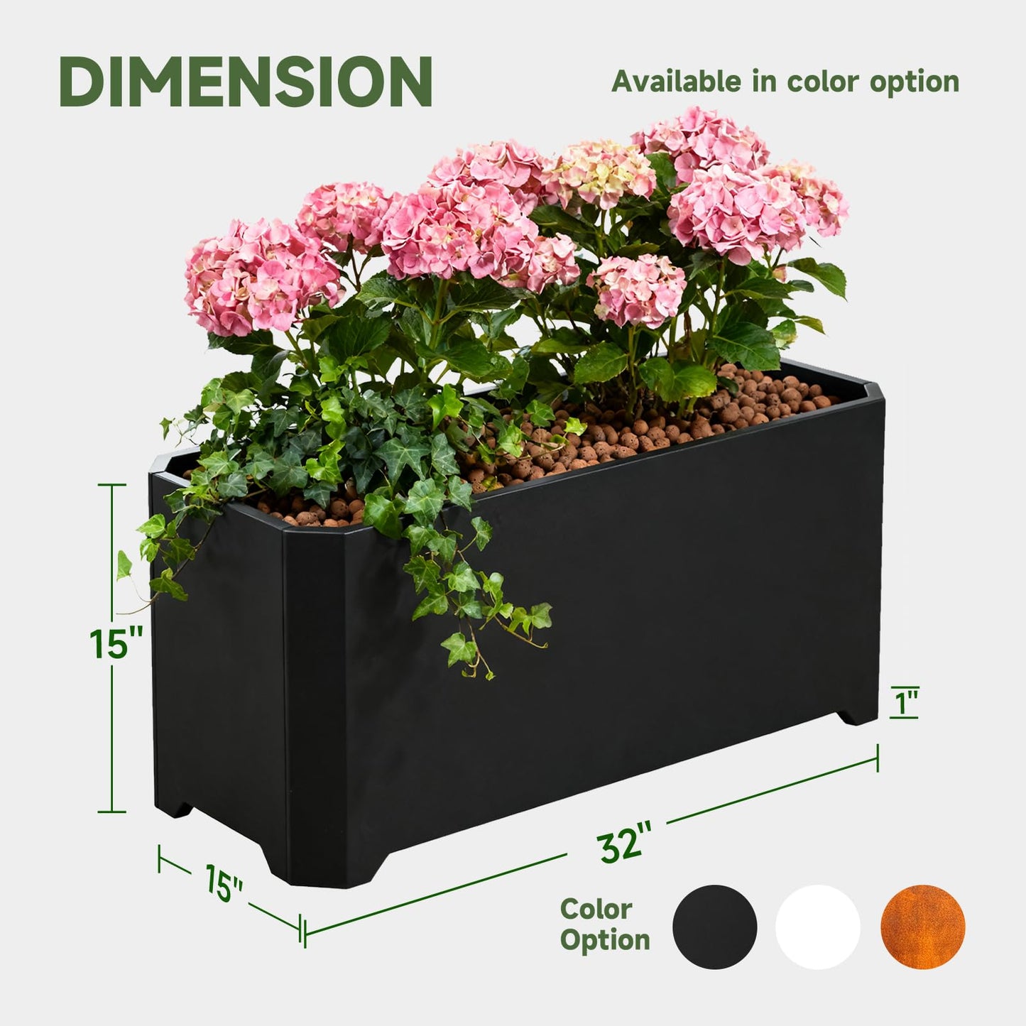 GJWCVL Steel Planter Box-32"x15"x15"-Rectangular Planters for Outdoor Plants, Black Matel Planter Box Raised Support Feet for Patio, Deck, Garden, Yard, Drain Holes, Easy Assembly