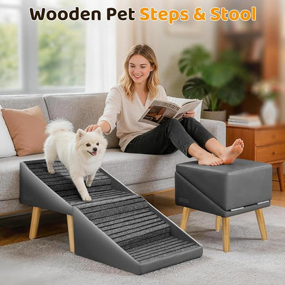 Dog Stairs for Small, Medium, Large Dogs & Cats, 17" H 4‑Step Foldable 2‑in‑1 Wooden Pet Steps with Split Ottoman Design, Non‑Slip Dog Ramp for Couch Bed Sofa for Puppy Senior Injured Pets