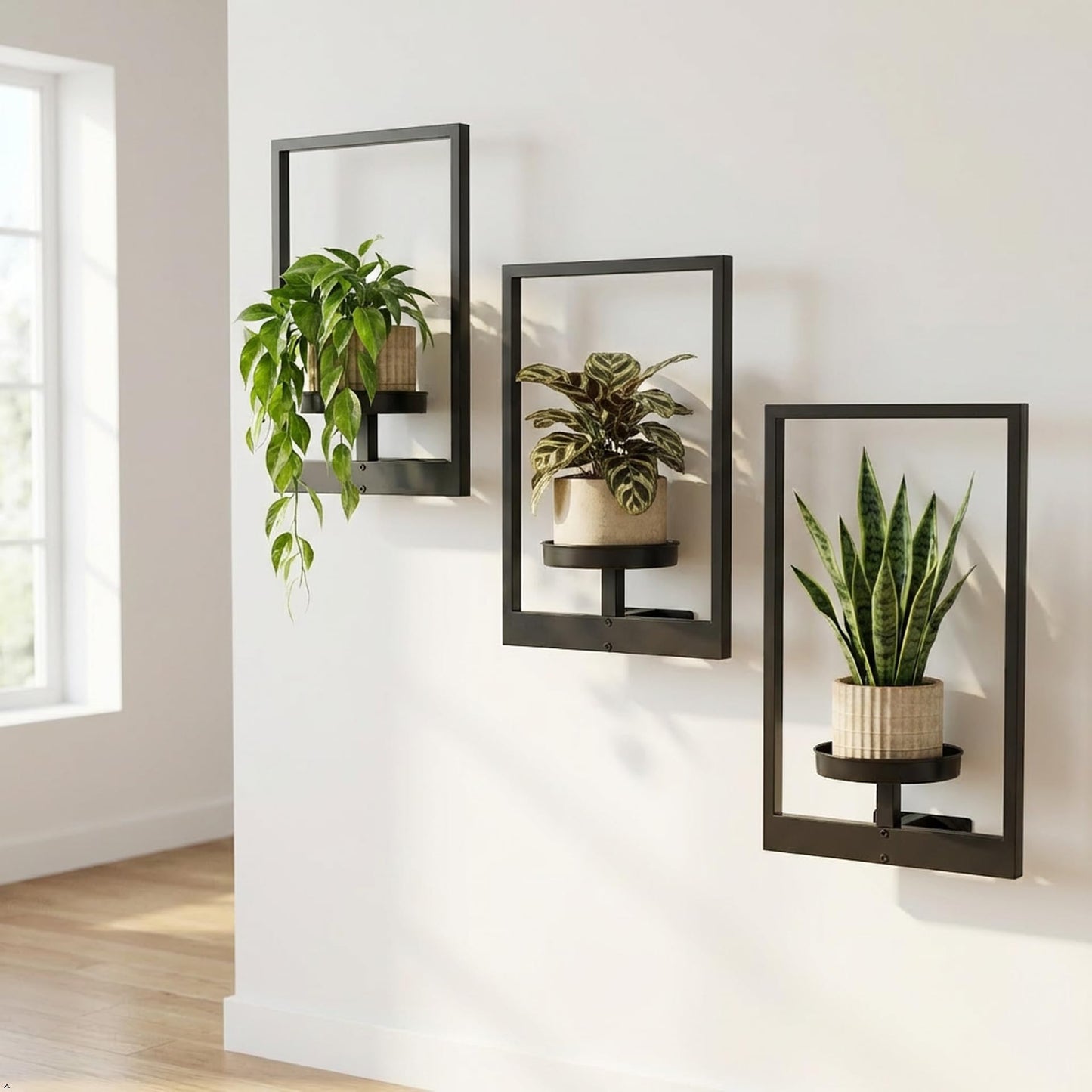 bbteroiu Picture Frame Wall Planters Set of 3, Modern Metal Hanging Shelves for Plants, Rustproof Wall Mount Flower Pot Holder for Indoor Outdoor, Decorative Plant Stand for Living Room Patio, Black