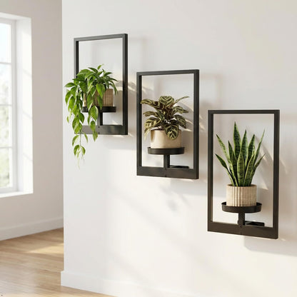 bbteroiu Picture Frame Wall Planters Set of 3, Modern Metal Hanging Shelves for Plants, Rustproof Wall Mount Flower Pot Holder for Indoor Outdoor, Decorative Plant Stand for Living Room Patio, Black