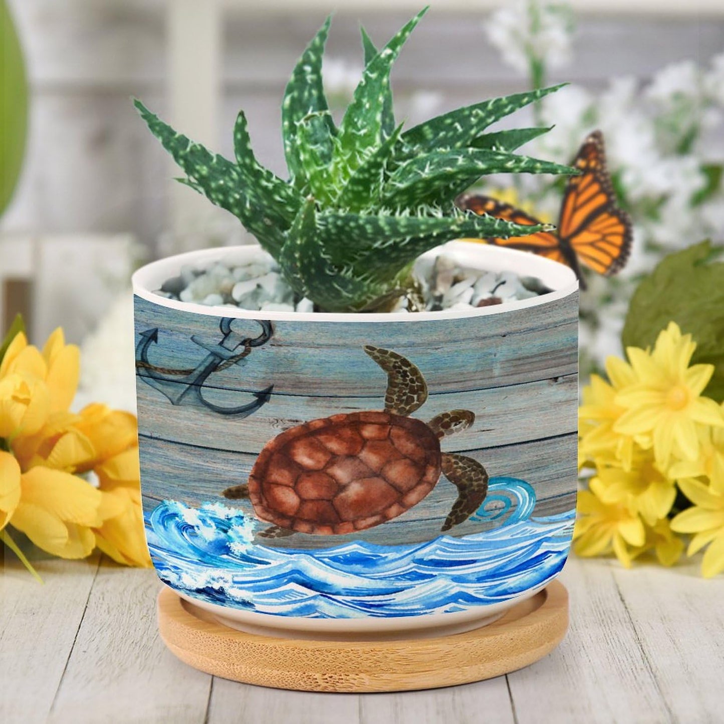 DreamAutumn Ocean Theme Sea Turtle Ceramic Pots for Plants with Drainage Holes Round Flower Pot Bamboo Tray Orchid Pot Succulents Pots for Outdoor Indoor Plants,Housewarming Gifts