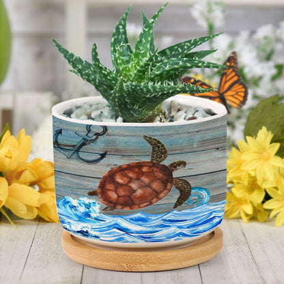 DreamAutumn Ocean Theme Sea Turtle Ceramic Pots for Plants with Drainage Holes Round Flower Pot Bamboo Tray Orchid Pot Succulents Pots for Outdoor Indoor Plants,Housewarming Gifts