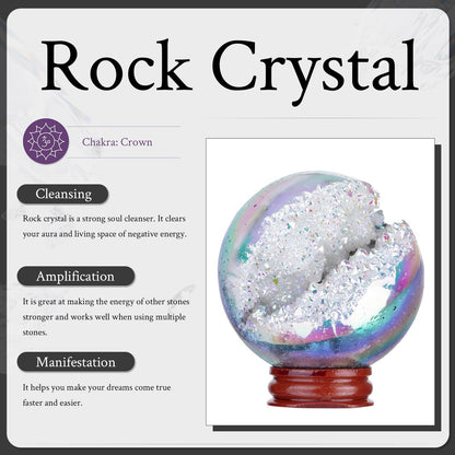 Sportmusies Titanium Coated Rock Crystal Geode Ball with Wooden Stand, Druzy Quartz Stone Cluster Sphere Reiki Home Office Decoration, Blue