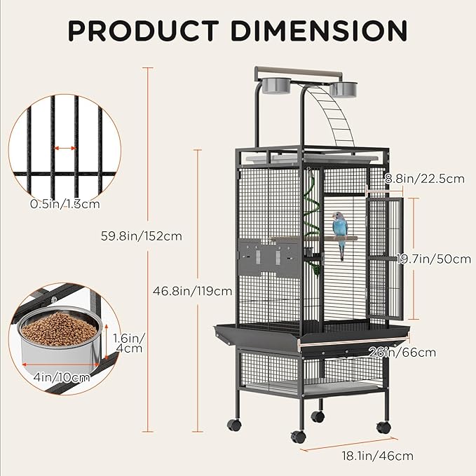 60 Inch Large Bird Cage - Wrought Iron Bird Cage with Rolling Stand, Play Top, 4 Stainless Steel Bowls, Slide-Out Tray, Metal Parrot Cage for Cockatiel, Conure, Budgie, Lovebird - Black