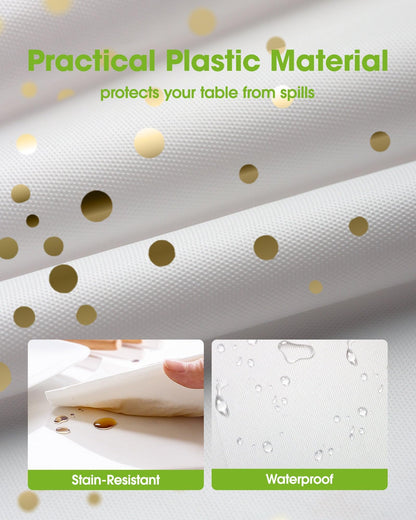 Pureegg Plastic Table Cloth Disposable 10 Pack, 54 x 108 Inch, Table Runner Style, Graduation Decorations 2026, Party Tablecloths, Rectangle, Plastic Cover, Leakproof & Sturdy, White Gold
