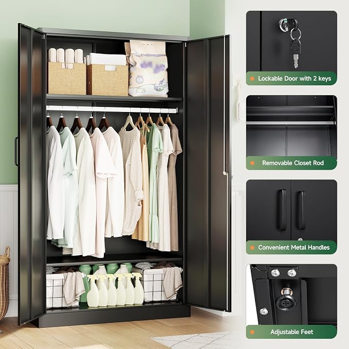 Letaya Metal Wardrobe Cabinets with Lock,Clothing Locker 72" X 36" X 18" Storage Cabinets for Home Room,Fire Department, School, Employee,Gym,Government (Black)