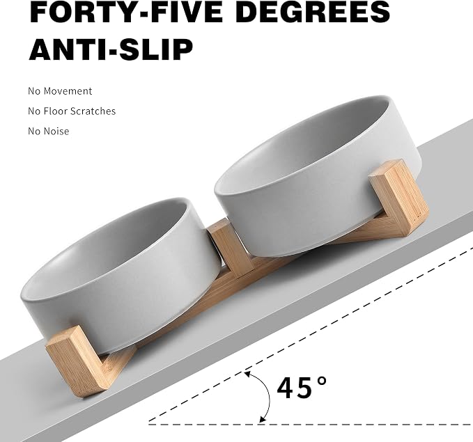 Mowtanco Grey Ceramic Dog & Cat Bowl Set – 13.5 OZ with Wooden Stand, Non-Slip, Elevated Design for Small Dogs & Cats – 2 Bowls (Food & Water, Ceramic Pet Bowls, Modern Dog Bowls)