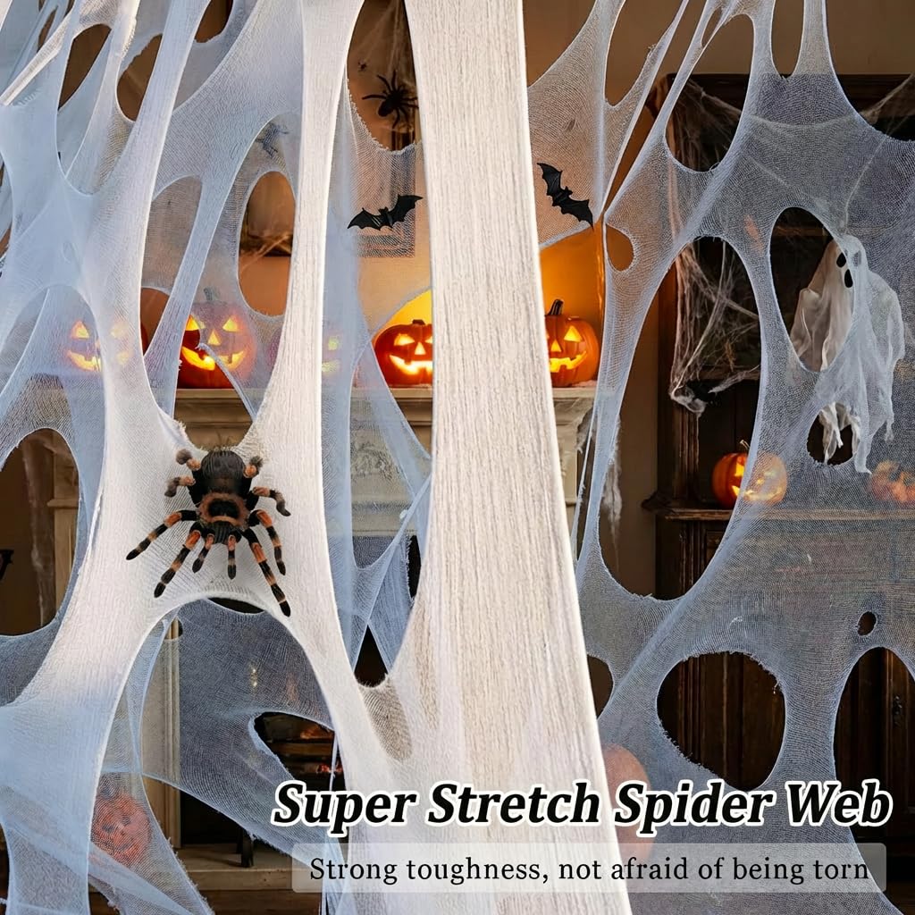 wymulot 1200 Sqft （After Streched with Holes） Uncut Giant Spider Web Halloween Decorations Outdoor with 10 Ground Nails Stretchy Beef Cloth Netting Cut-Your-Own Flexible Elastic for Yard Party Decor