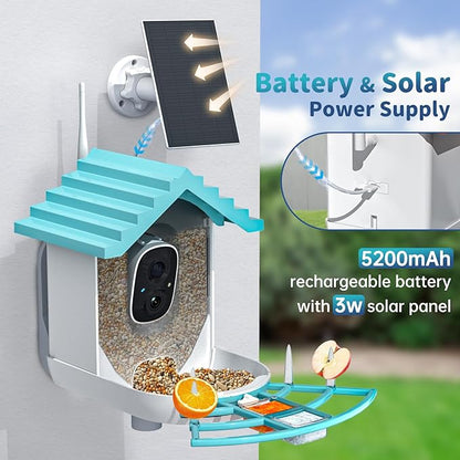 Smart Bird Feeder with Camera Solar Powered & AI Bi rd Identification, 2.4Ghz WiFi Bird feeders for Outdoors, 2K Live Video, Instant Arrival Alerts - Blue