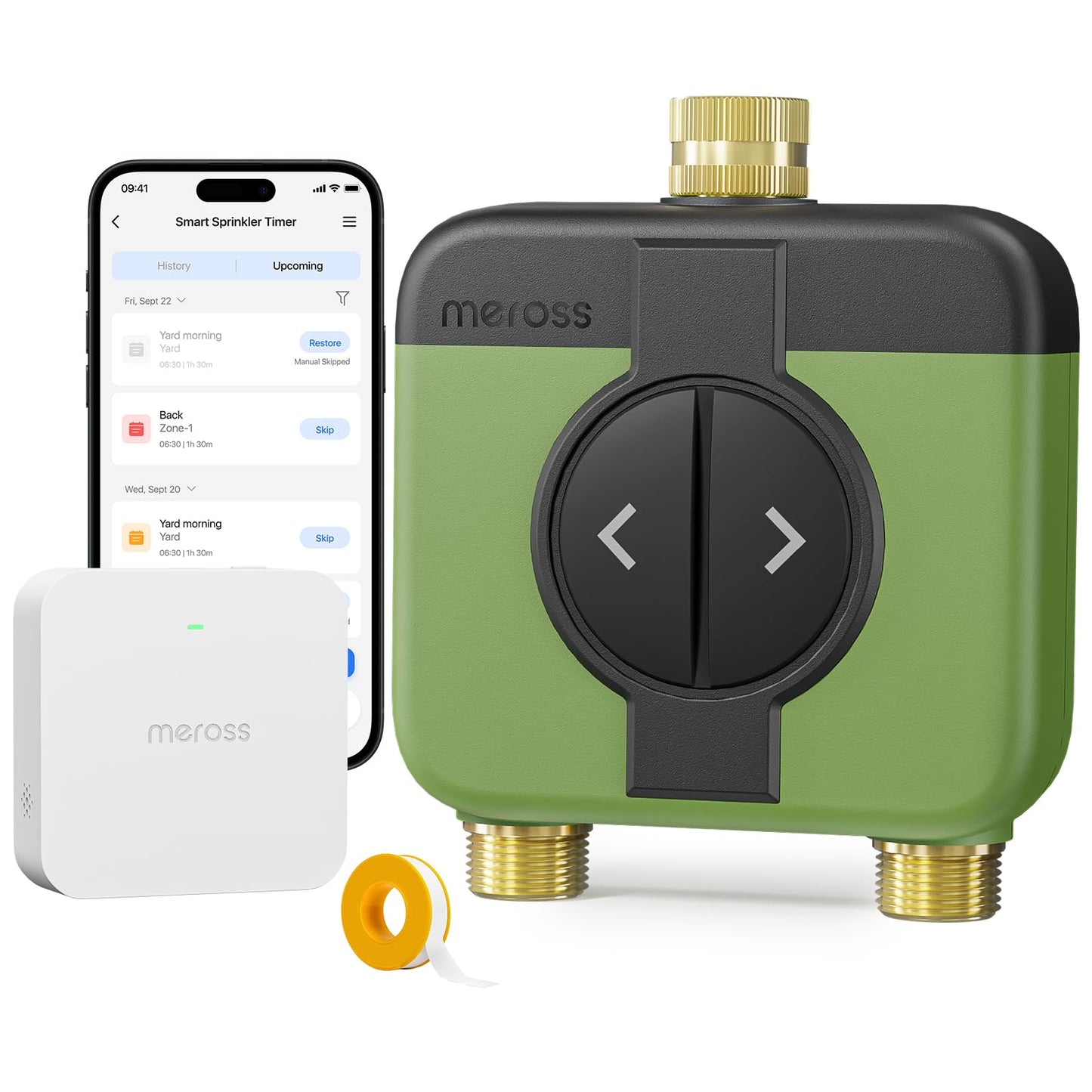 meross WiFi Water Timer for Garden Hose, 2 Zone WiFi Hose Timer with Brass Inlet and Outlet, WiFi Sprinkler Controller, Rain Delay, Smart Water Valve for Garden, Lawn & Yard, Remote & Voice Control