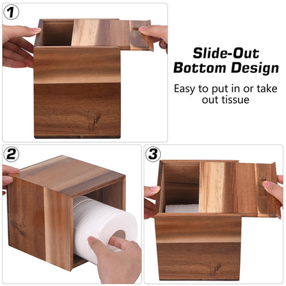 KYDIFS Tissue Box Cover Square, Acacia Wood Tissue Box Holder with Slide-Out Bottom, Wooden Tissue Box Cover Cube for Bathroom, Bedroom, Dinner Table, Office,Kitchen